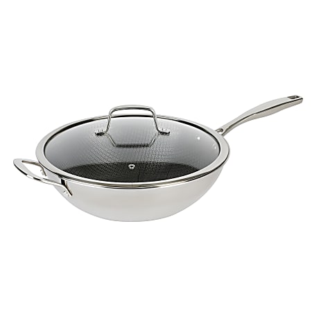 Kenmore Elite Luke Non-Stick Tri-Ply Stainless Steel Wok With Glass Lid, 12", Silver