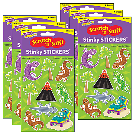 Trend Stinky Stickers, Loungin' Lizards/Coconut, 36 Stickers Per Pack, Set Of 6 Packs