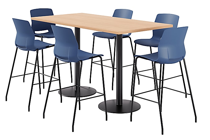 KFI Studios Proof Bistro Rectangle Pedestal Table With 6 Imme Barstools, 43-1/2"H x 72"W x 36"D, Maple/Black/Navy Stools
