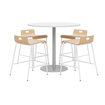 KFI Studios Proof Round High Bistro Table With 4 Low Back Stools, White/Silver Table, Natural/White Chairs