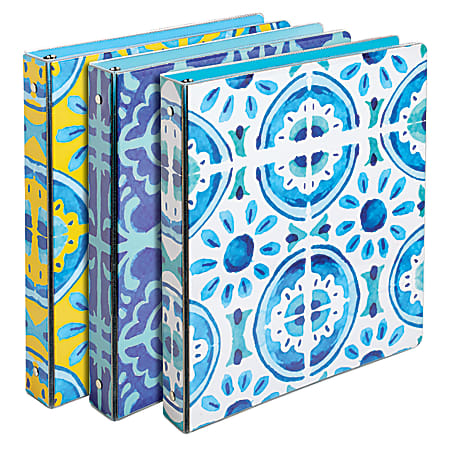 Divoga® Binder, Mediterranean Mosaic Collection, 1" Rings, Assorted Colors (Solid Blue/Yellow Pattern)