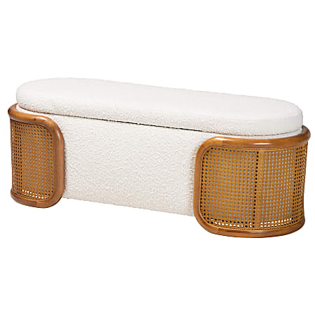 Baxton Studio Basira Japandi Boucle Fabric and Rattan Storage Bench, 17-15/16”H x 48”W x 18-5/16”D, Walnut Brown/Cream