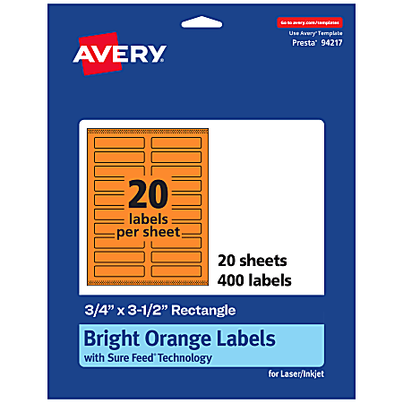 Avery® Print-To-The-Edge Labels With Sure Feed® Technology And Easy Peel®, 94217-BOP20, Rectangle, 3/4" x 3-1/2", Matte Bright Orange, Pack of 400