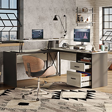 Bestier 56"W Standing Desk With Drawers & Monitor Stand, Light Retro Gray Oak
