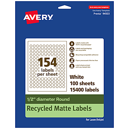 Avery® Recycled Paper Labels, 94503-EWMP100, Round, -1/2" diameter, White, Pack Of 15400