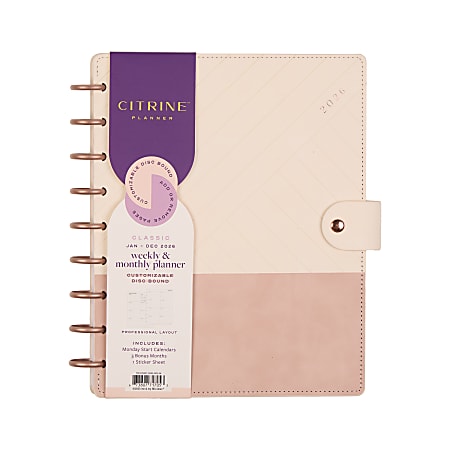 2026 Citrine Monthly/Weekly Classic Disc Bound Planner, 7" x 9-1/4", Ivory Diagonals, January To December, PD0123C007