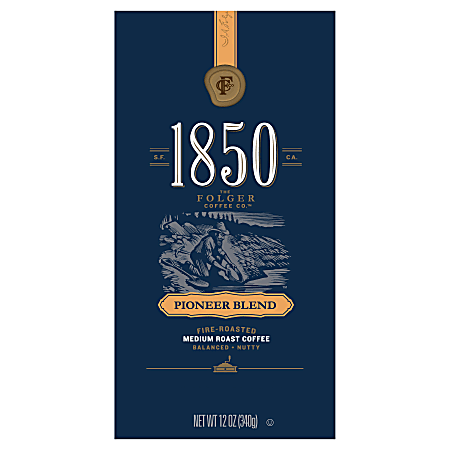 Folgers® 1850 Whole Bean Coffee, Medium Roast, Pioneer Blend, 12 Oz Per Bag, Carton Of 6 Bags