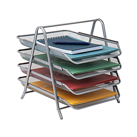 Mind Reader 4-Tier Desktop Organizer Paper Tray, 12-1/2”H x 13-3/4”W x 11-3/4”D, Silver