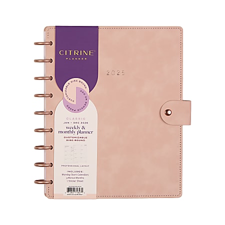 2026 Citrine Monthly/Weekly Classic Disc Bound Planner, 7" x 9-1/4", Blush, January To December, PD0123C008