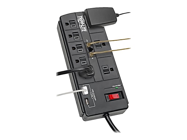 Tripp Lite 8-Outlet Surge Protector Power Strip with 2 USB Ports (2.1A Shared) - 8 ft. Cord, 1200 Joules, Tel/Modem, Black - Surge protector - 15 A - AC 120 V - 1875 Watt - output connectors: 10 - 8 ft cord - black
