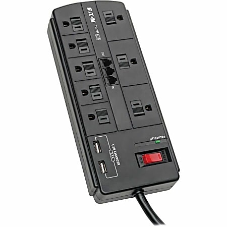 Eaton Tripp Lite Series 8-Outlet Surge Protector Power Strip with 2 USB Ports (2.1A Shared) - 8 ft. Cord, 1200 Joules, Tel/Modem, Black - TLP88TUSBB