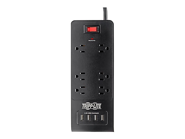 Tripp Lite 6-Outlet Surge Protector with 4 USB Ports (4.2A Shared) - 6 ft. Cord, 900 Joules, Black - Surge protector - 15 A - AC 120 V - 1875 Watt - output connectors: 6 - 6 ft cord - black