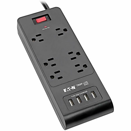 Eaton Tripp Lite Series 6-Outlet Surge Protector with 4 USB Ports (4.2A Shared) - 6 ft. Cord, 900 Joules, Black - TLP664USBB