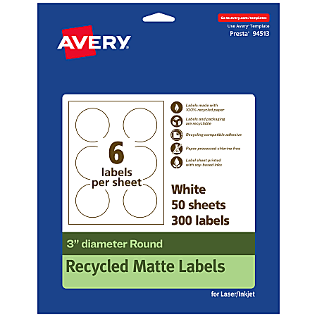 Avery® Recycled Paper Labels, 94513-EWMP50, Round, 3" diameter, White, Pack Of 300