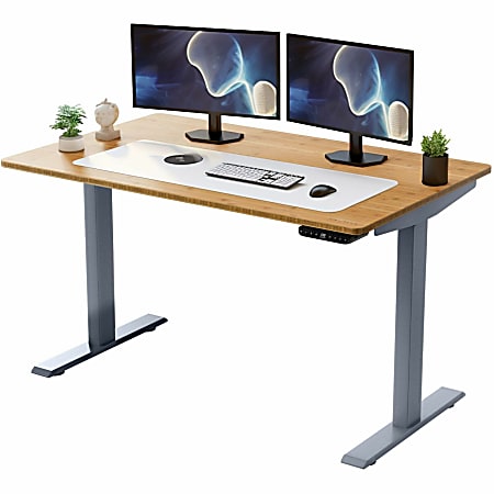 Rise Up Electric Standing Desk 60x30" Natural Bamboo Desktop Dual Motors Adjustable Height Gray Frame (26-51.6") with memory