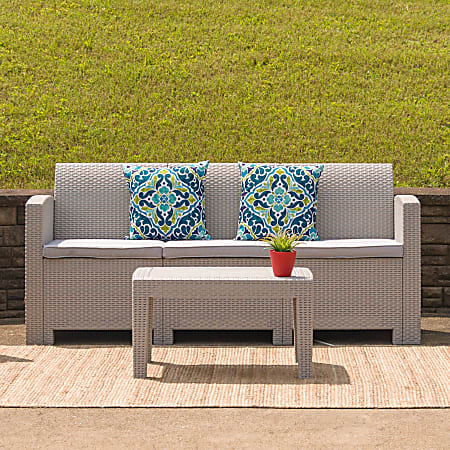 Flash Furniture Faux Rattan Outdoor Sofa With All-Weather Cushions, Light Gray