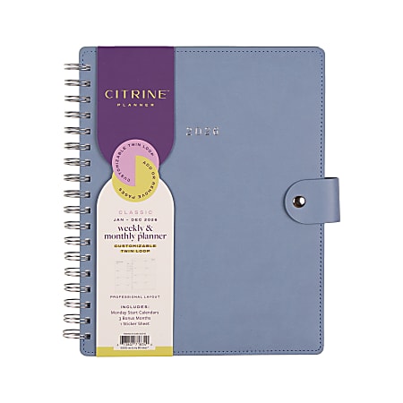 2026 Citrine Monthly/Weekly Classic Customizable Twin Loop Planner, 7" x 9-1/4", Indigo, January To December, PZ0026C016