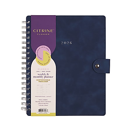 2026 Citrine Monthly/Weekly Classic Customizable Twin Loop Planner, 7" x 9-1/4", Navy Blue, January To December, PZ0030C004