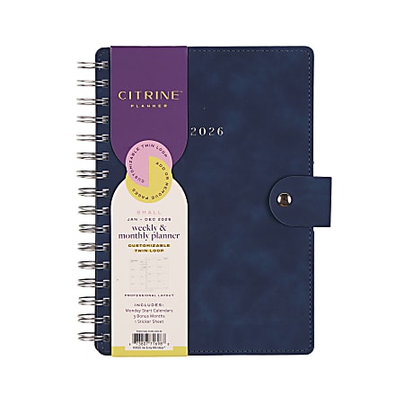2026 Citrine Monthly/Weekly Small Customizable Twin Loop Planner, 5-3/4" x 8", Navy Blue, January To December, PZ0031S002
