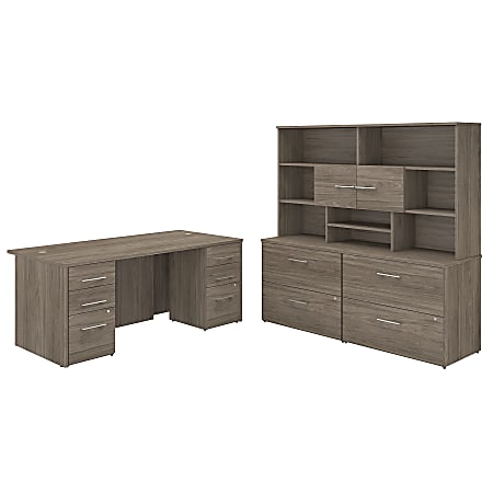 Bush Business Furniture Office 500 72"W Executive Desk With Lateral File Cabinets And Hutch, Modern Hickory, Premium Installation