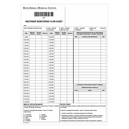 Form, Restraint Monitoring Flow Sheet 100/PD, Form# CH-27-363, Oracle Part# 5019672 