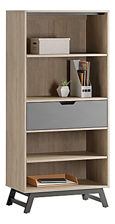Realspace® Nashira 61"H 4-Shelf Bookcase With Drawer, Light Oak/Gray