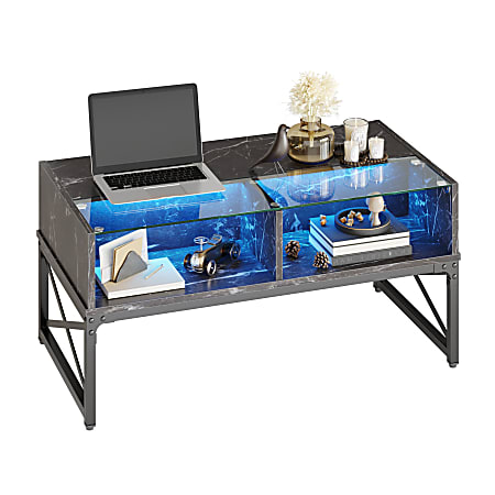 Bestier LED Rectangular Coffee Table With Glass Shelf, 19-15/16”H x 41-3/4”W x 21-11/16”D, Black Faux Marble