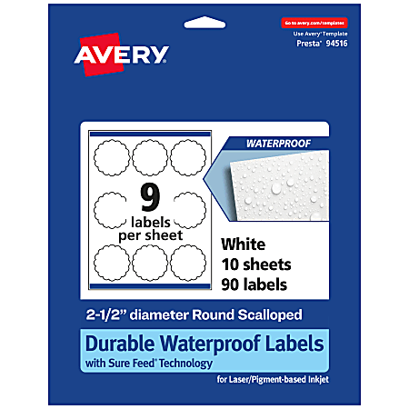 Avery® Waterproof Permanent Labels With Sure Feed®, 94516-WMF10, Round Scalloped, 2-1/2" Diameter, White, Pack Of 90