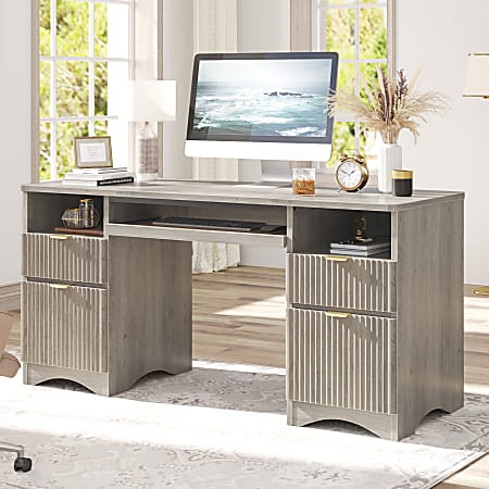 Bestier 60"W Executive Computer Desk With Keyboard Tray And 4 Storage Drawers, Wash Gray