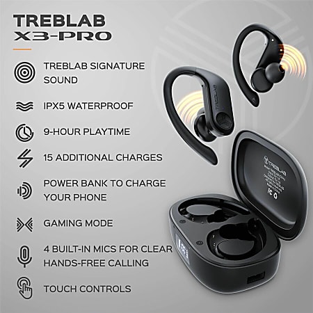 TREBLAB X3 Pro True Wireless Earbuds with Earhooks 145H Battery Life Bluetooth 5.0 IPX5 Waterproof Earbuds TWS Bluetooth Headphones with Charging case for Sport Running Workout Black Stereo True Wirel...