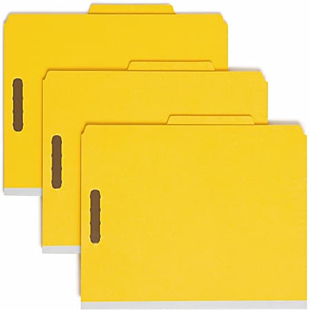 Smead® Pressboard Colored Classification Folders, 2 Fasteners, 2 Dividers, Letter Size, 2" Expansion, 2/5 Tab Cut, 100% Recycled, Yellow, Box Of 10