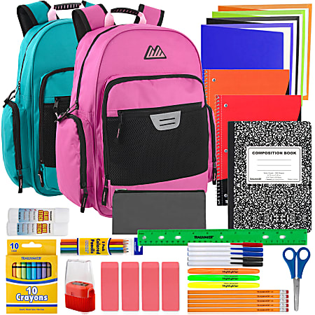 Summit Ridge Multi-Pocket Reflective Collegiate Backpacks With 45-Piece School Supply Kits, Pink/Teal, Total Qty 24