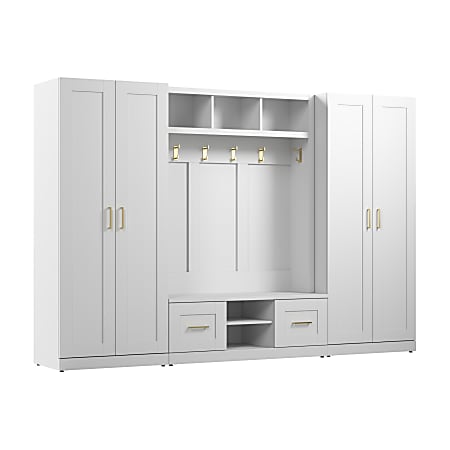 Bush Furniture Hampton Heights Full Entryway Storage Set With Hall Tree, Shoe Bench With Doors And Cabinets, White, Standard Delivery