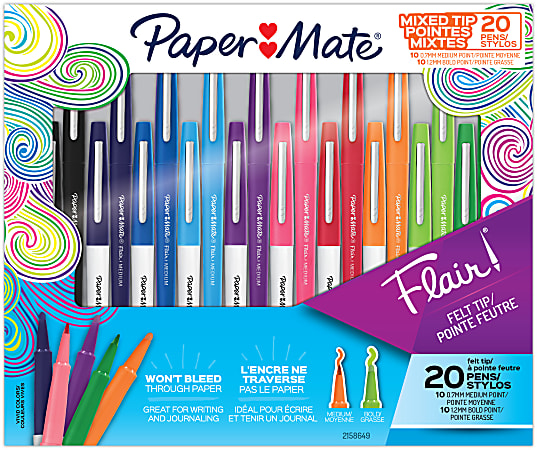 Paper Mate Flair Felt Tip Pens, Bold And Medium Point, 0.7 mm, Assorted Colors, Pack Of 20 Pens