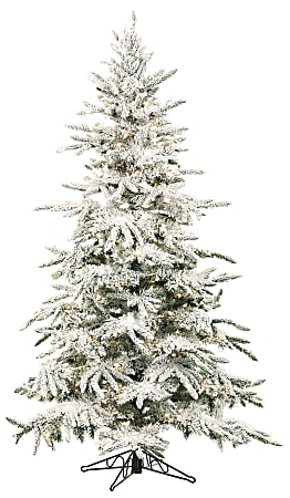 Fraser Hill Farm 7 1/2' Mountain Pine Flocked Artificial Christmas Tree With Multi-Color LED String Lighting, White/Black
