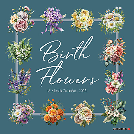 2025 Willow Creek Press Monthly Wall Calendar, 12" x 12", Birth Flowers, January To December 2025