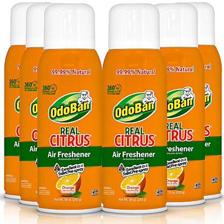 OdoBan Real Citrus Air Freshener 360° Spray, Orange, 10 Oz, Pack Of 6 Bottles