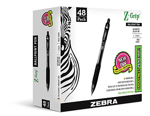 Zebra® Z-Grip™ Retractable Ballpoint Pens, Medium Point, 1.0 mm, Clear Barrel, Black Ink, Pack Of 48