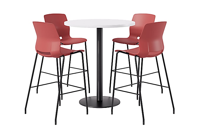 KFI Studios Proof Bistro Round Pedestal Table With Imme Barstools, 4 Barstools, 42", Designer White/Black/Coral Stools