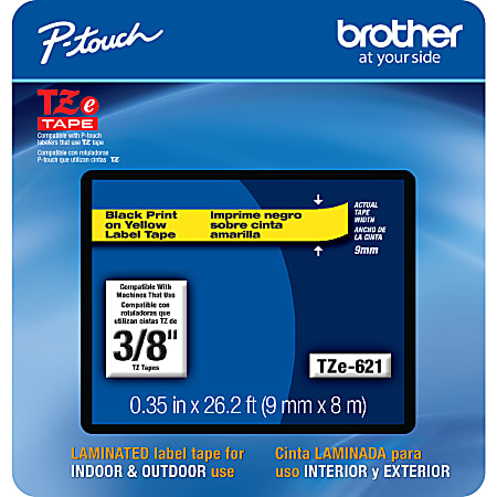 Brother® TZE621CS Genuine P-Touch Laminated Label Tape, 3/8" x 26-1/4', Yellow/Black