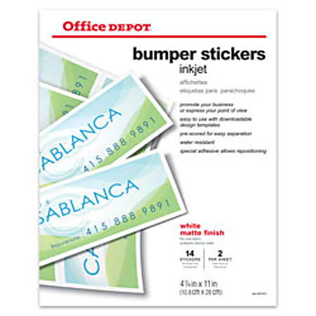 Office Depot® Brand Inkjet Bumper Stickers, Matte, 4 1/4" x 11", White, Pack Of 14