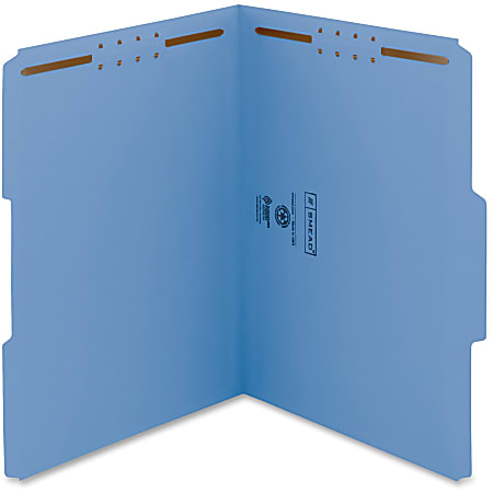 Smead® WaterShed® CutLess® Fastener Folders, Letter Size (8 1/2" x 11"), 30% Recycled, Blue, Box Of 50