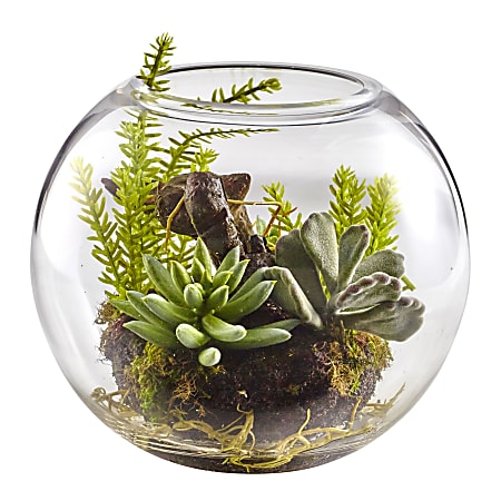 Nearly Natural Mixed Succulents 6-1/2”H Plastic Garden With Glass Vase, 6-1/2”H x 8”W x 8”D, Green