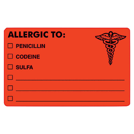 Tabbies® "ALLERGIC TO:" Medical Allergy Labels, TAB00488, 4" x 2 1/2", Fluorescent Red, Roll Of 100