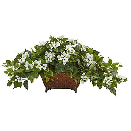 Nearly Natural Bougainvillea 17”H Artificial Plant With Metal Planter, 17”H x 36”W x 22”D, White
