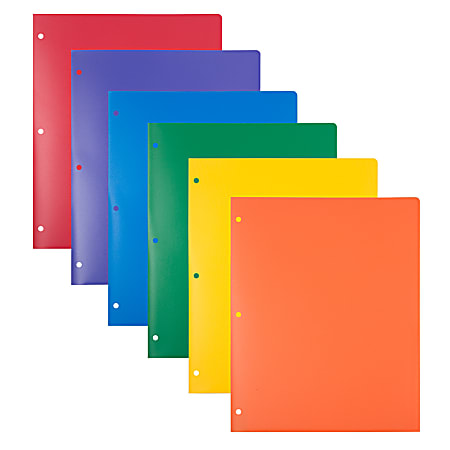 JAM Paper® Heavy-Duty 3-Hole Punched Plastic Presentation Folders, 9-1/2" x 11-1/2", Assorted Primary, Pack Of 6 Folders