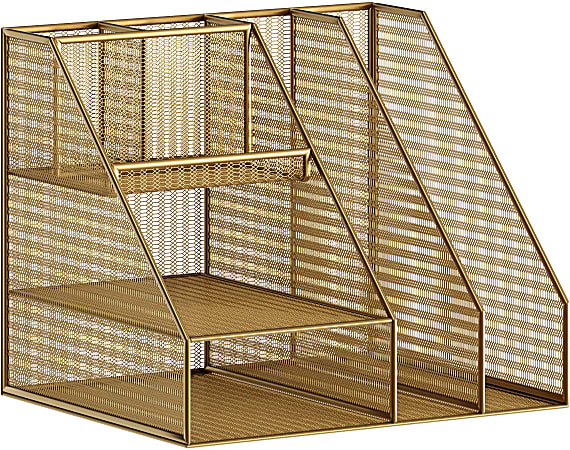 Martha Stewart Ryder Mesh Metal Large Desktop Organizer With Magazine File Holder, Pen Holder And Storage, 10"H x 12-1/2"W x 10"D, Gold