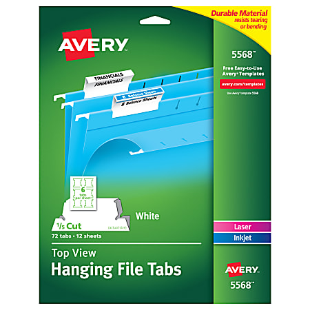 Avery® Top-View Hanging File Tabs, 1/5 Cut, White, Pack Of 72