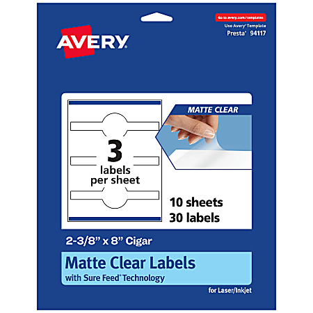 Avery® Permanent Labels With Sure Feed®, 94117-CMF10, Cigar, 2-3/8" x 8", Matte Clear, Pack Of 30