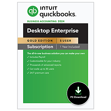 Intuit Quickbooks Desktop Enterprise Gold, 2024, 5 Users, 1-Year Subscription, Windows® Compatible, ESD